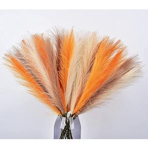LSKYTOP Orange Pampas Grass Decor,23Inch 12pcs Faux Pampas Grass Bouquets Artificial Pampas Fake Pampas Flower for Home Living Room Bedroom Vase Decor