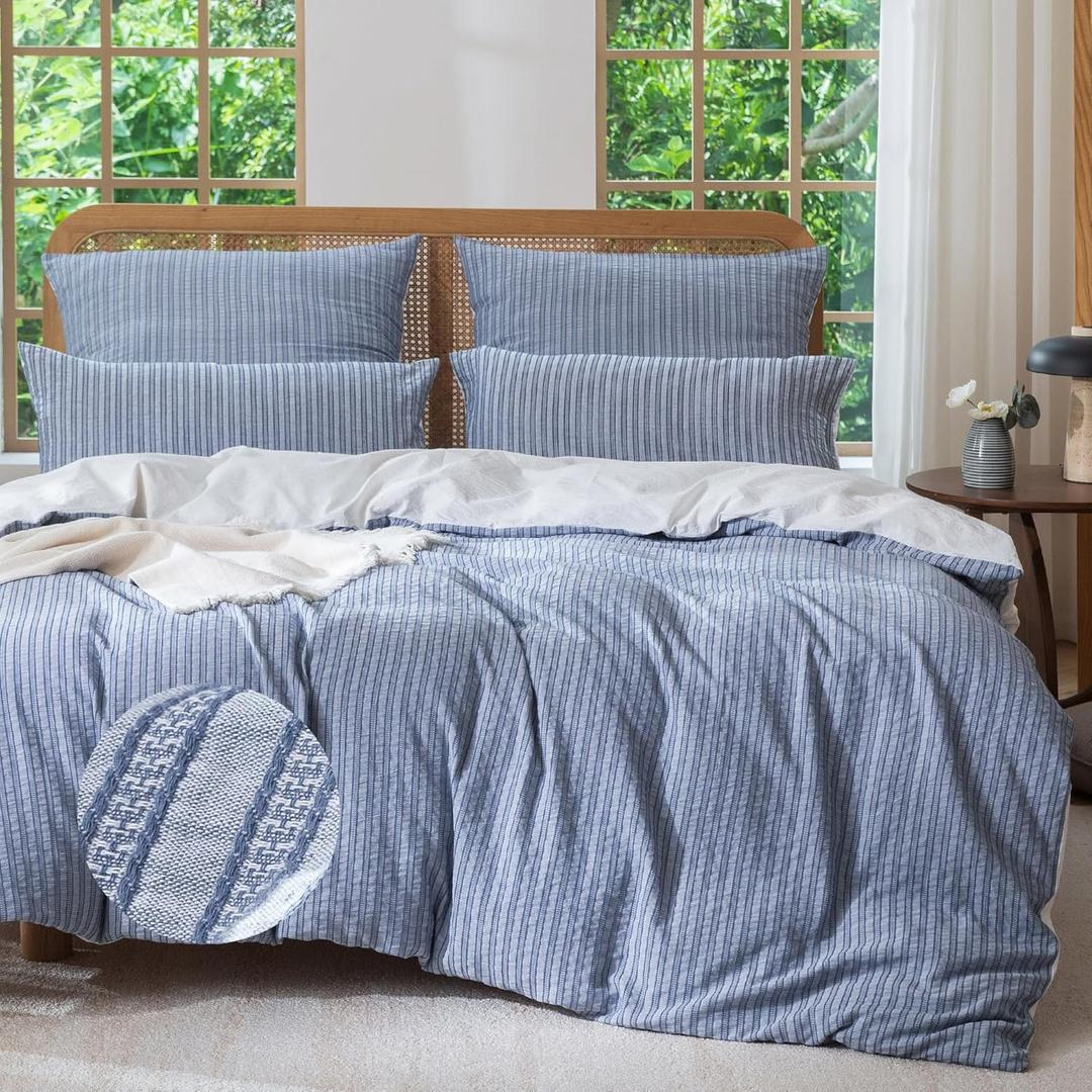 MILDLY Striped Duvet Cover Set - 100% Washed Cotton Blue Textured Comforter Cover Set with Dual Zipper Closure & 8 Corner Ties Soft & Lightweight for All Season 90"x90"