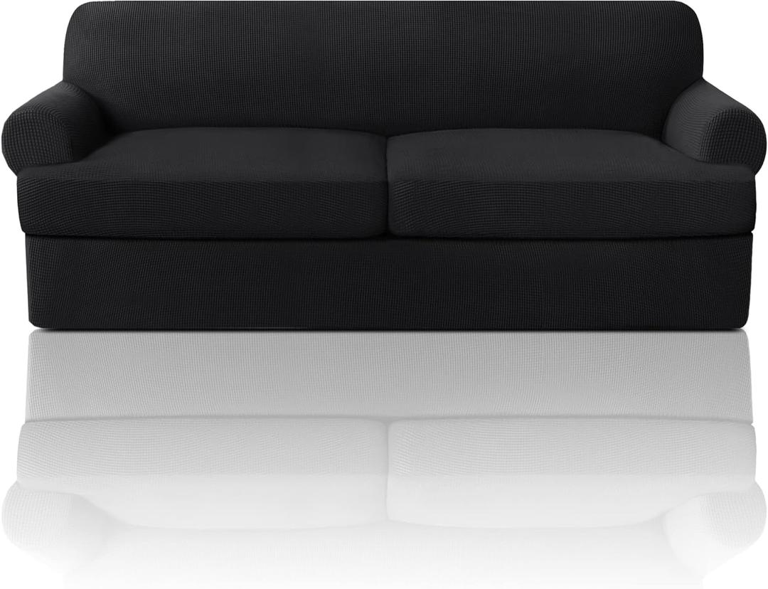 PrinceDeco T Cushion Sofa Slipcover 3 Pieces Sofa Covers for T Cushion Couch Soft Couch Covers Sofa Slip Cover Furniture Covers with 2 Individual T Shape Seat Covers Width Up to 88", Black