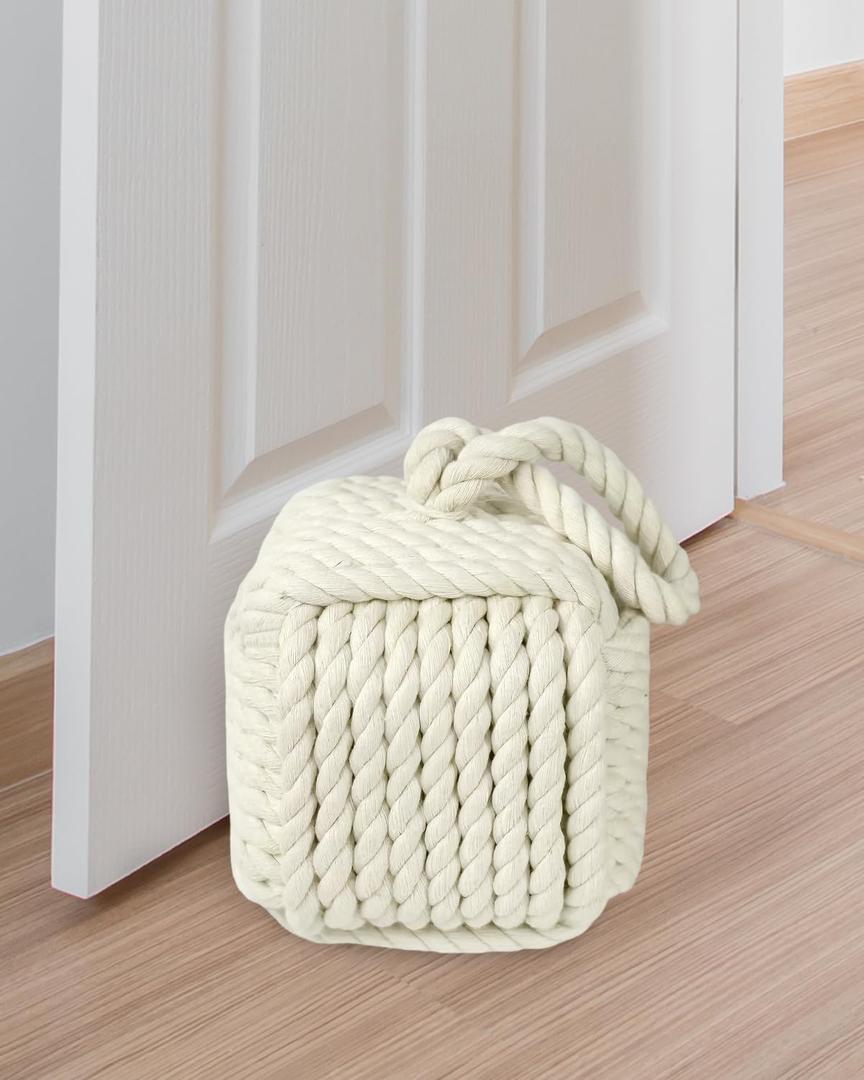 5.5 Lbs Weighted Decorative Door Stopper for Bottom of Door, Cute Door Stop for Heavy Duty Doors, Soft Rope Knot Doorstop for Nautical Home Decor, Beige