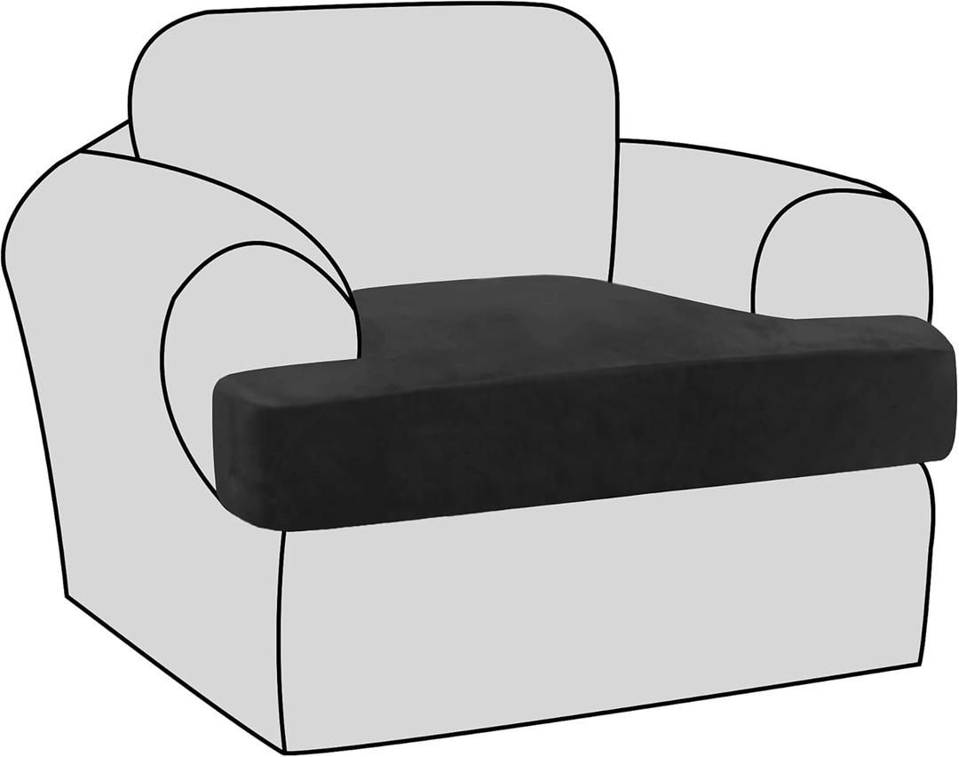 H.VERSAILTEX Stretch Velvet T Cushion Chair Covers for Living Room Armchair Sofa Cover Couch Cover Slipcover T Cushion Seat Cover Stay with Elastic Bands (Armchair, Black)