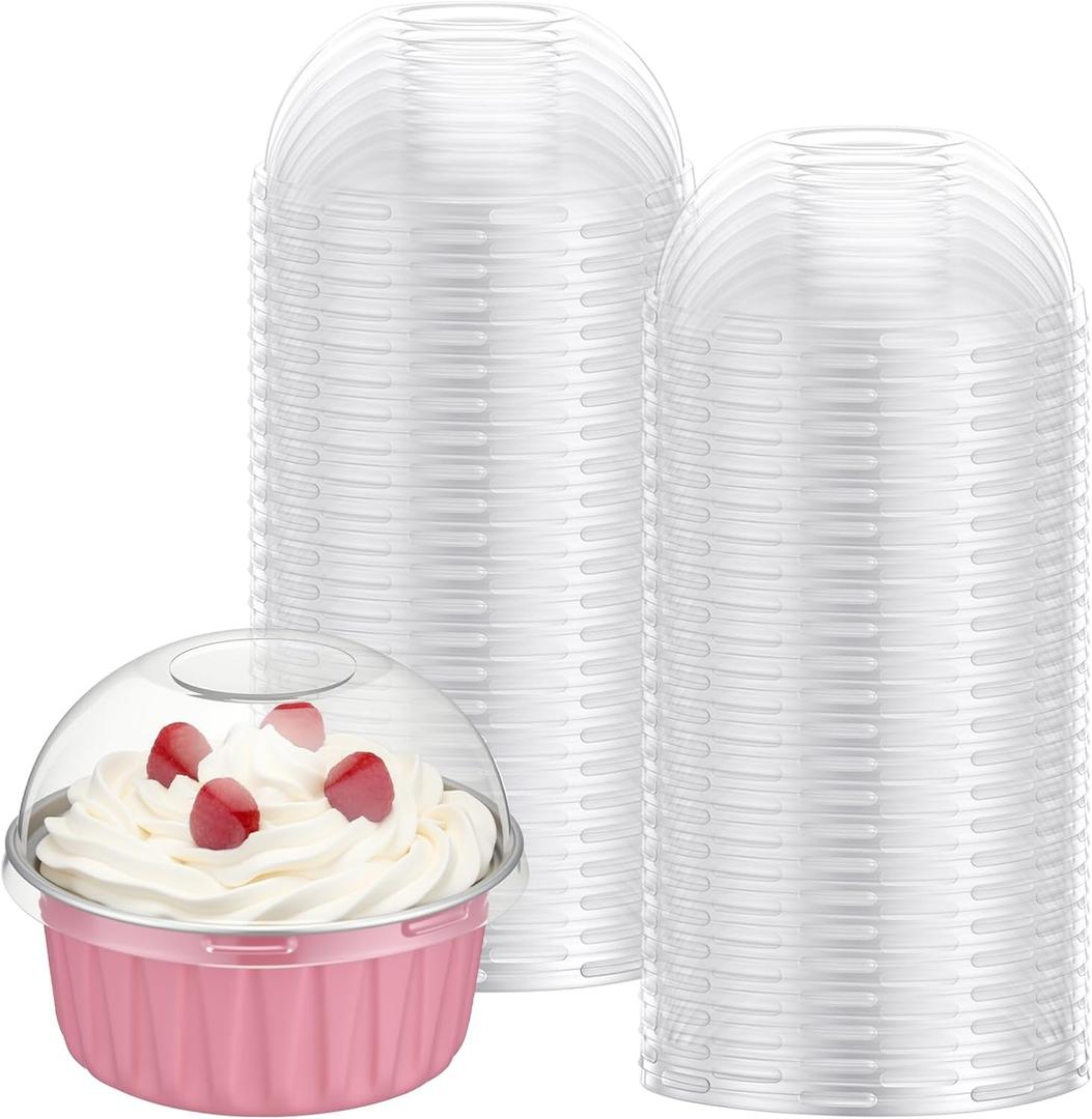 100 Pack 5oz Plastic Dessert Cup Lids 5oz Dessert Cups Dome Lids Plastic Container Covers for 5 Ounce Parfait Yogurt Fruit Trifle Ice Cream Pudding, Leak Resistant Clear Disposable Lid