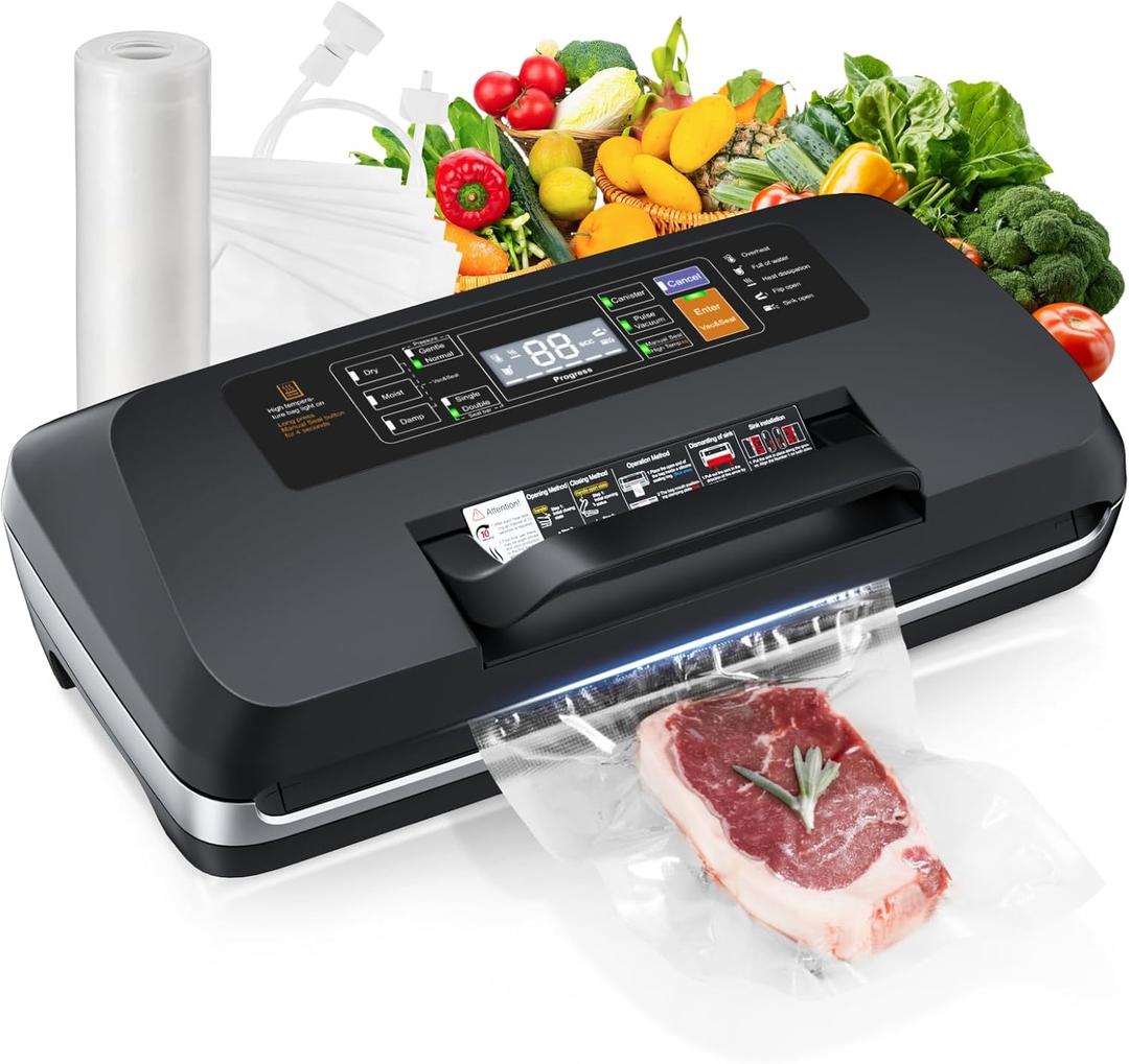 95kpa Vacuum Sealer Machine,Commercial Fully Automatic Food Sealer,10-in-1 Functions & Powerful Sealing System with Double Heat Seal,Easy-Lock Handle,Built-in Cutter,1 Bag Rolls and 10 Pre-cut Bags