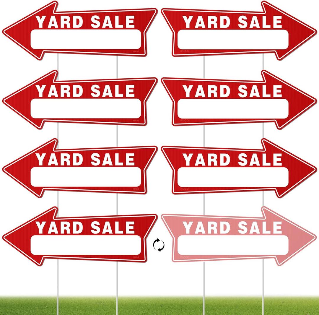 7 Pack Yard Sale Signs with Stakes - 16"x6" Double-Sided Directional Garage Sale Arrows, Waterproof Outdoor Signs with 14 Metal Stakes, Yard Sale Supplies