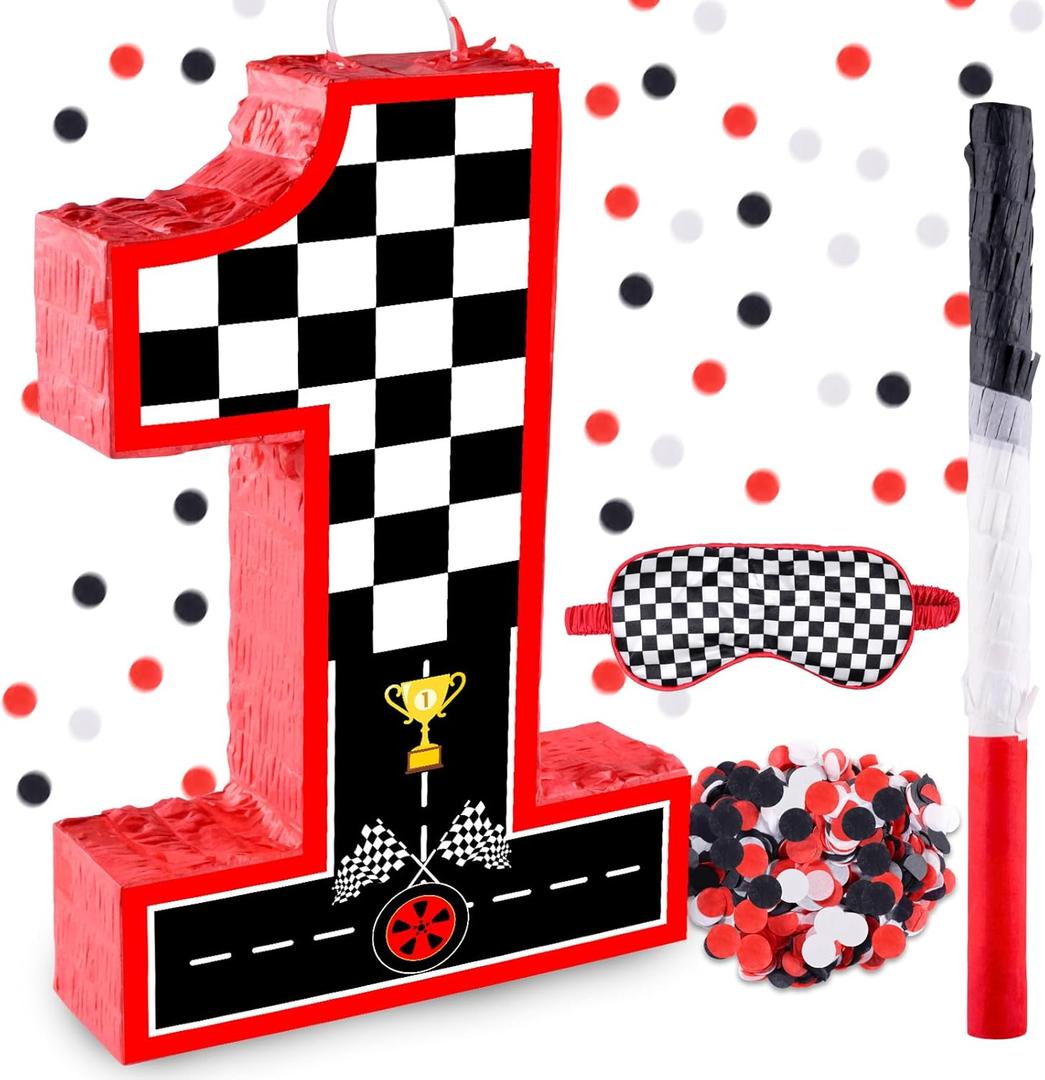 16 Inch Number 1 Race Car Pinata with 16 Inch Piata Stick Blindfold Confetti for Boy Girl Kids 1st Birthday Party Decorations(1st)