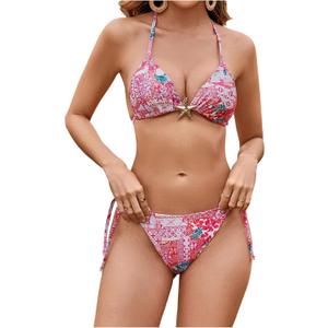 RoseSeek Women's Leopard Floral String Starfish Metal Swimsuits (Pink, M)