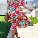 PRETTYGARDEN Women's Summer Casual Dresses 2025 Spring Puff Sleeve Square Neck A-line Flowy Boho Floral Smocked Midi Dress (M)