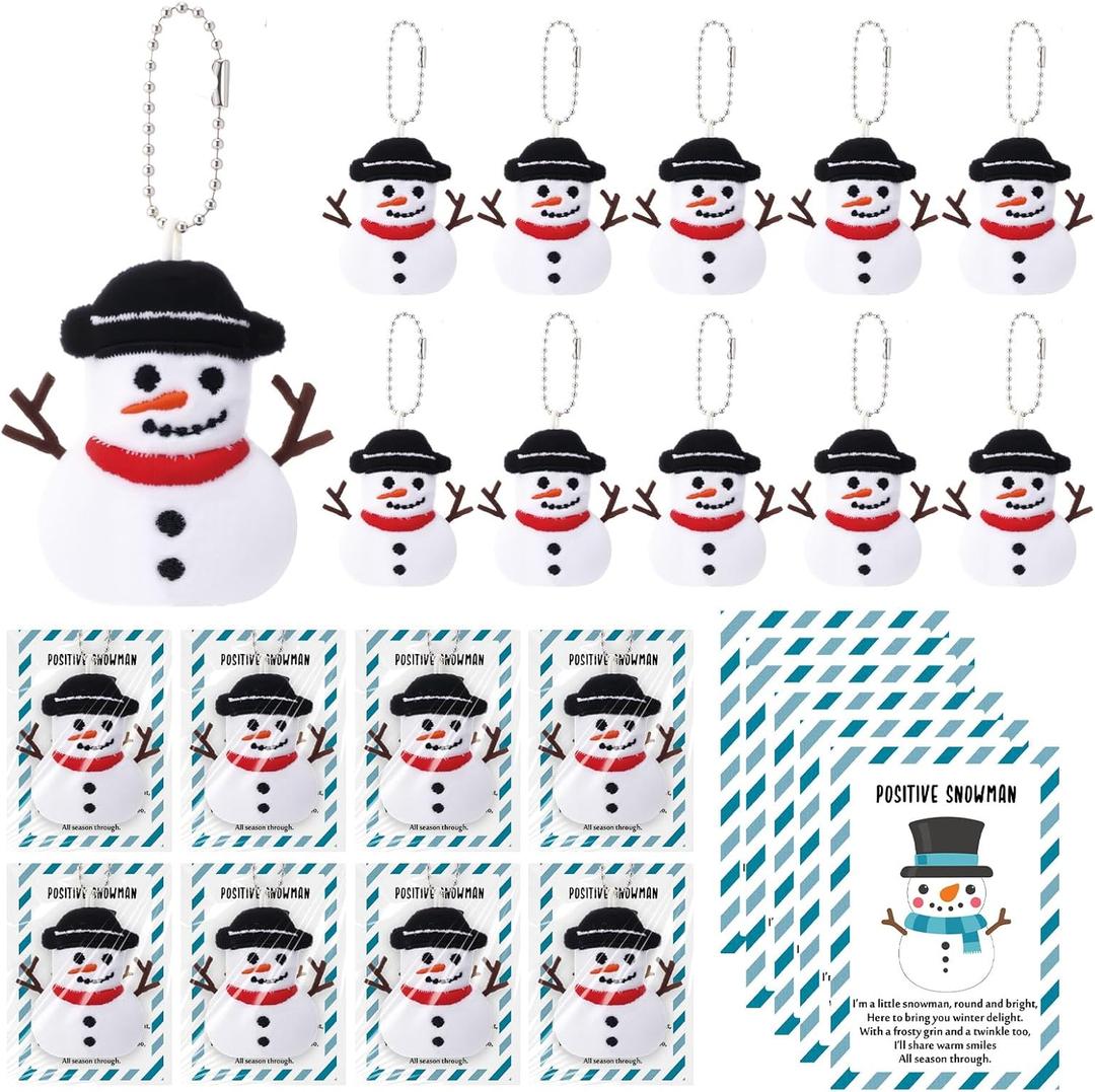 Hotop 20 Sets Snowman Plush Keychains Bulk, Positive Gift Set with Motivational Cards and Bags for Employee Coworkers Staff Emotional Inspirational Winter Holiday Ornaments Party Gifts