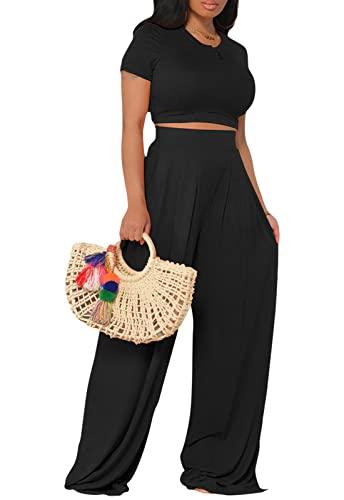 Women's Casual Summer 2 Piece Outfits Short Sleeve Crop Top Wide Leg Pants Set Jumpsuits