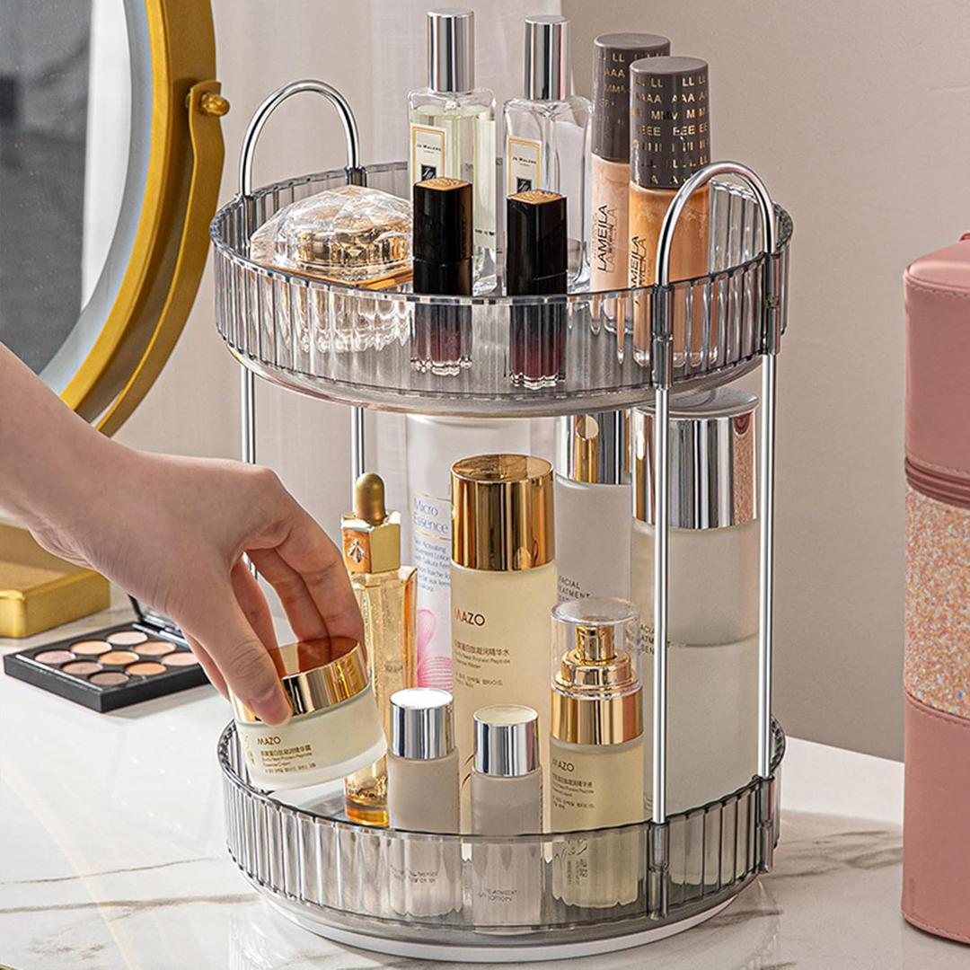 Aveniee 360 Rotating Makeup Organizer for Vanity, Skincare Perfume Organizers Large, Bathroom Countertop Organizer and Storage, Clear Cosmetics Lipstick Holder for Dresser, 2 Tiers, Grey