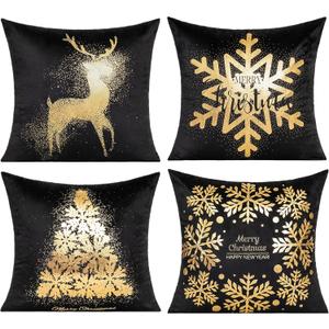 All Smiles Black Christmas Gold Throw Pillow Covers Xmas Cases Decorations 18X18 Set of 4 Dcor Indoor Home Soft Velvet Decorative Navidad Cushion for Sofa Couch Tree Snowflake Reindeer