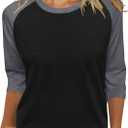 Heymiss Womens Tops 3/4 Sleeve Shirts Round Neck Loose Casual Tshirts Color Block Summer Tees (Black, S)