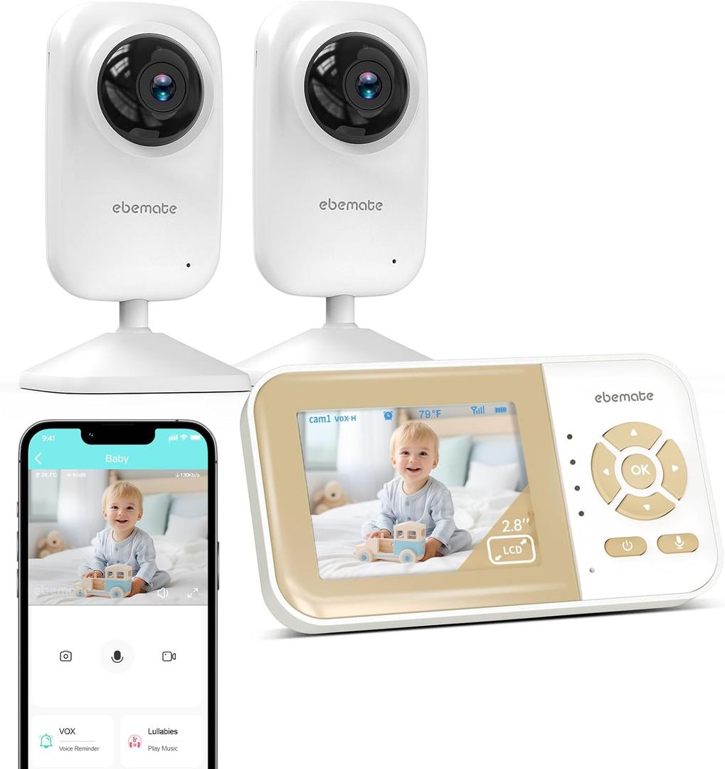 Ebemate Video Baby Monitor with Two Camera, 2.8" LCD Screen with 2-Way Talk Cam Monitor and 5 Soothing Lullabies Baby Monitoring EB29-2