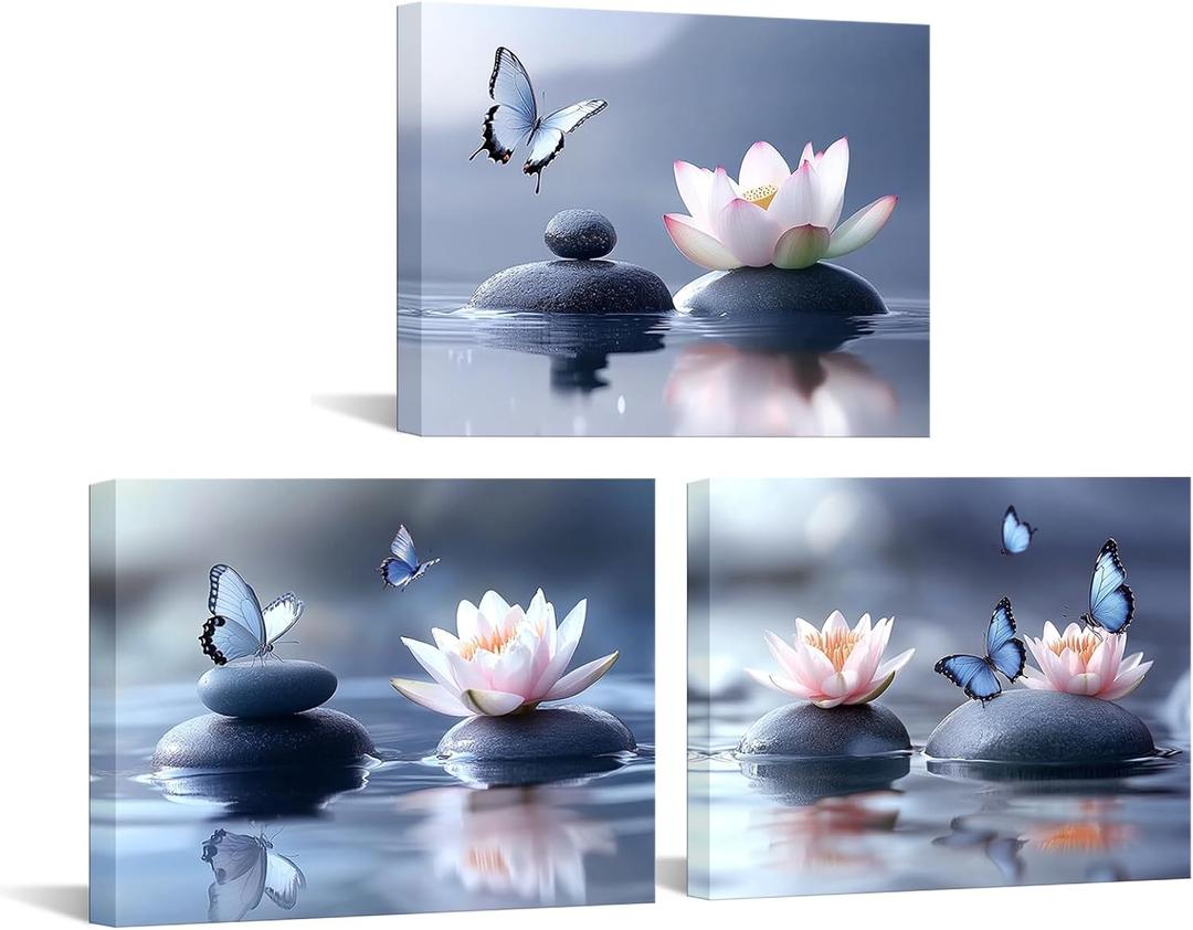 IKNOW FOTO Zen Lotus Flower Canvas Wall Art - 3pcs Calming Spa Decor with Stones and Butterfly - Water Lily Modern Artwork for Bathroom, Yoga Studio, Meditation, or Living Room - 12x16 Each