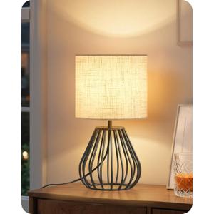 Small Bedside Table Lamp, Black Table Lamp with Metal Cage & Linen Lampshade, Modern Cute Desk Lamp, Cozy Nightstand Lamp for Bedroom, Living Room, Office, 2700K LED Bulb Included, E06TL05