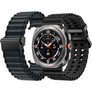 2 x Goton [1+1] Compatible with Samsung Galaxy Watch Ultra Bands 47mm, Galaxy Watch 7/8 Ultra Band Nylon Sports Loop Lightweight + Galaxy Watch Ultra 47mm Bands Silicone Rubber Waterproof Strap (Dark Gray+Black)