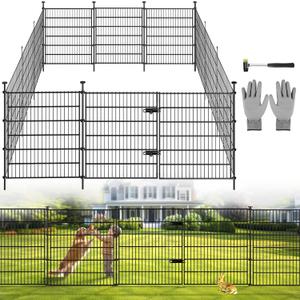Garden Dog Fence Animal Barrier Outdoor for Yard 12 Panels with Gate 29ft(L) X 32in(H), Garden Fencing Includes Gloves, Hammer, Rustproof Metal Temporary No Dig Fence Border for Dogs