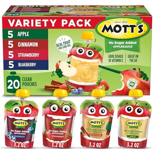 Mott's No Sugar Added Applesauce Variety Pack, 4 Flavors – Apple, Strawberry, Cinnamon & Blueberry, Made from Real Fruit, No Artificial Flavors, 3.2 Clear Pouches, 20 Pack BBD: June 24,26