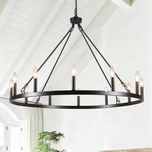 Black Wagon Wheel Chandelier 38 inch,12-Light Farmhouse Wagon Wheel Chandeliers Round Industrial Ceiling Rustic Country Light fixtures for Outdoor Porch high Ceilings Living Dining Room Foyer Entryway