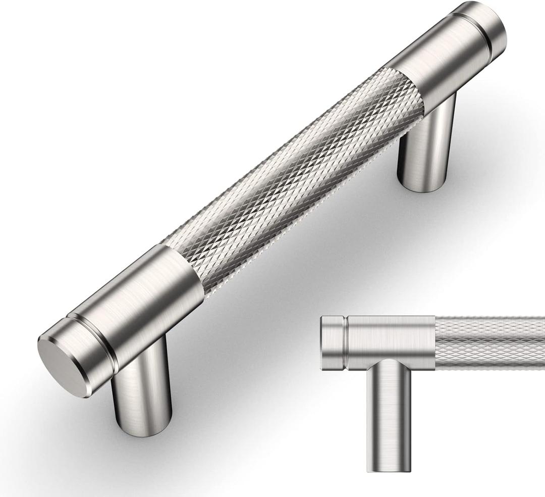 Amerdeco 10 Pack Brushed Satin Nickel Knurled Cabinet Pulls 3 Inch Center to Center Kitchen Cabinet Handles for Drawer Dresser, Cupboard and Wardrobe ZH0031 (3"/76MM Hole Center)