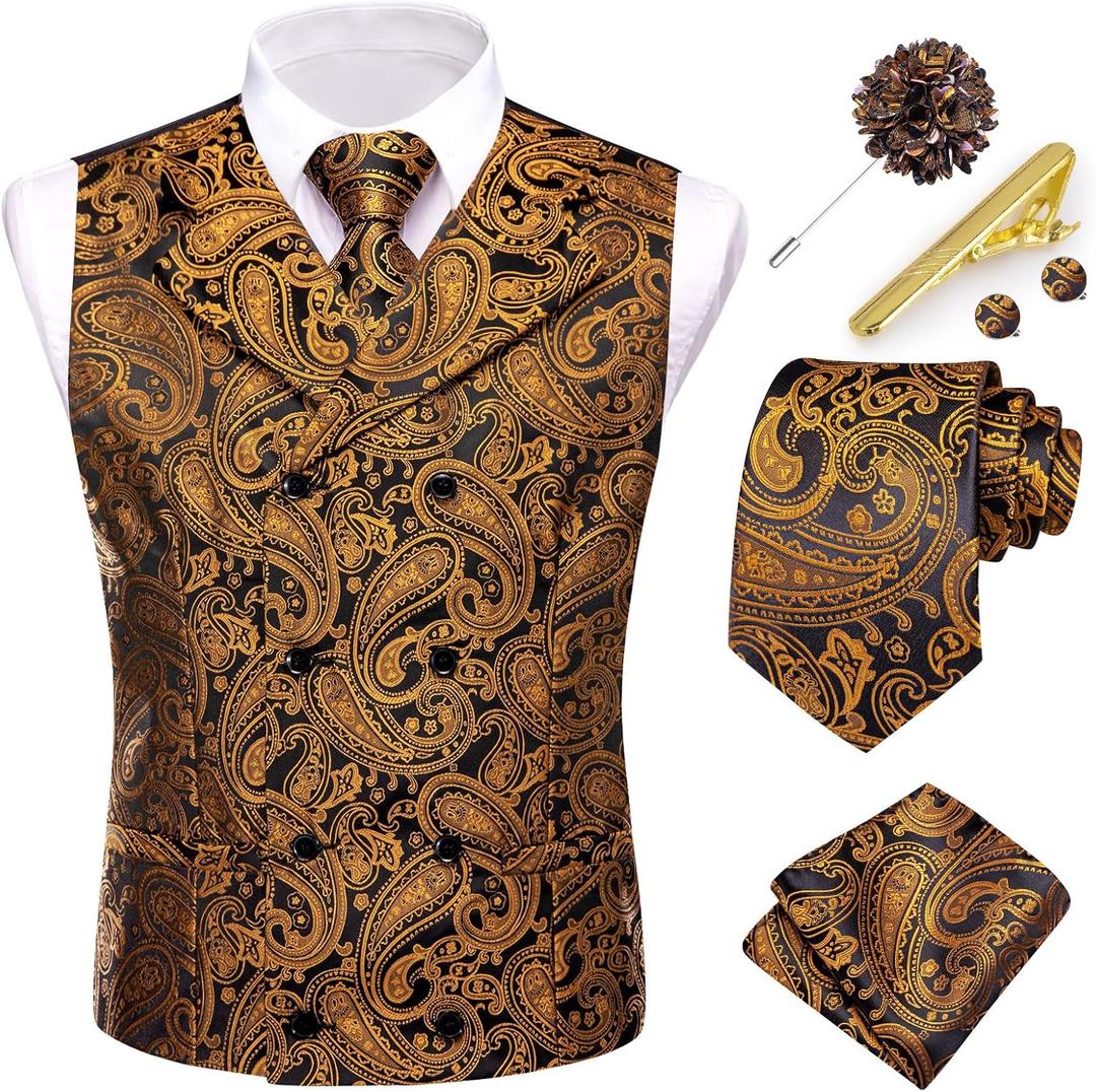 Hi-Tie Men's Suit Vest Business Formal Waistcoat Paisley Jacquard Tie Suit Waistcoat Set for Wedding Party