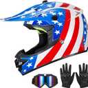 Youth Kids Dirt Bike Helmet for Boys & Girls, F001 Full Face Motorcycle Helmet for Off-Road ATV Street Riding Four Wheeler Mountain Bike with Goggles Gloves, DOT Approved (Great USA, L)