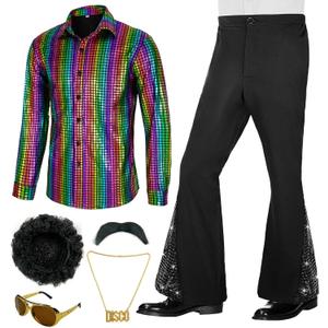 70s Outfits for Men 6 Pcs Disco Outfit Retro Costume with Bell Bottom Pants (Large)