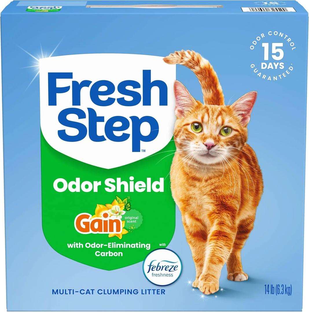 Fresh Step Odor Shield Multi Cat Clumping Cat Litter With Febreze Freshness in Gain Scent, Low Dust, Odor Control with Ammonia Block Tech, Compatible in Automatic Litter Boxes, 14 lb.
