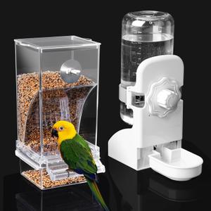 No Mess Bird Feeder Water Dispenser Set, Parakeet Cage Accessories, Bird Feeder and Waterers in Cage for Cockatiels, Finches, Lovebirds, Budgies, Canaries (White)