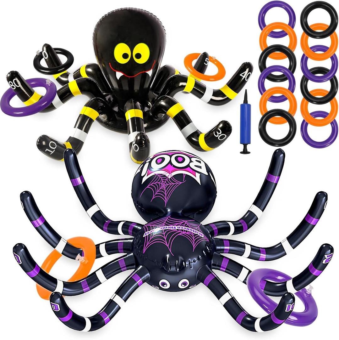Max Fun Halloween Ring Toss Games for Kids, 2 Pack Inflatable Spiders Set Halloween Party Favor Supplies Holiday Carnival School Decoration Outdoor Indoor Spooky Creepy Game