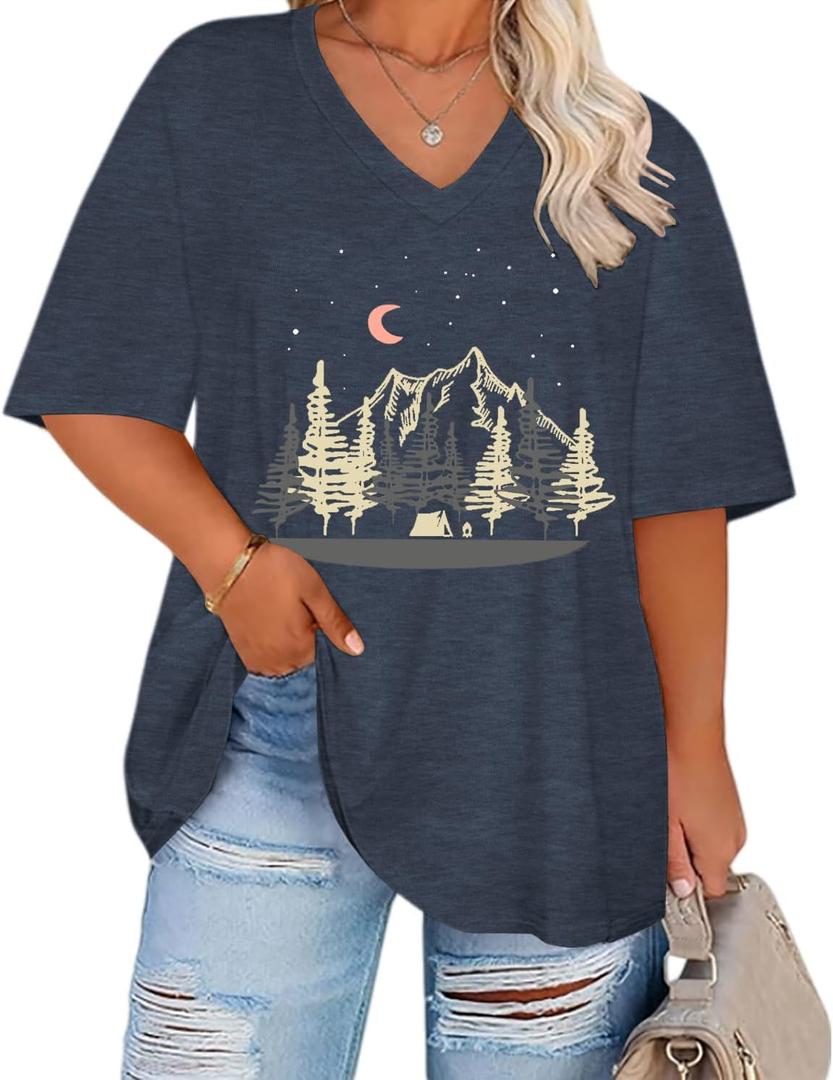 HDLTE Plus Size Tops for Women Oversized Graphic Tshirt V Neck Summer Tees Short Sleeve Casual Loose Fit Blouses (Blue, XXL)
