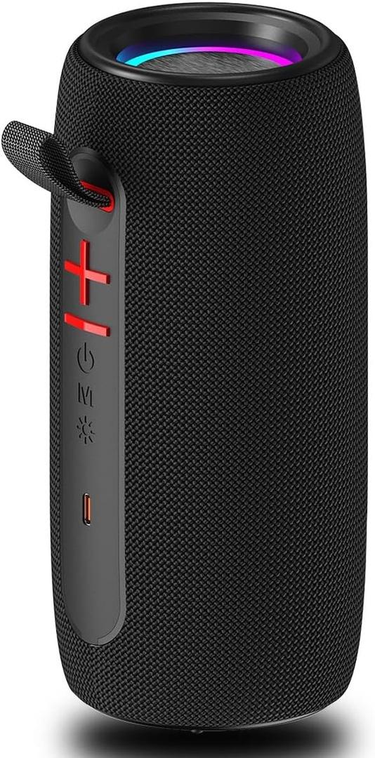 gamocesh Wireless Portable Bluetooth Speaker: IPX6 Waterproof Outdoor Audio, fm Radio, USB/ AUX/ SD Card Play, LEDlights, TWS interconnected Stereo, Travel/ Camping/ Bike/ Family/ Party (Black）