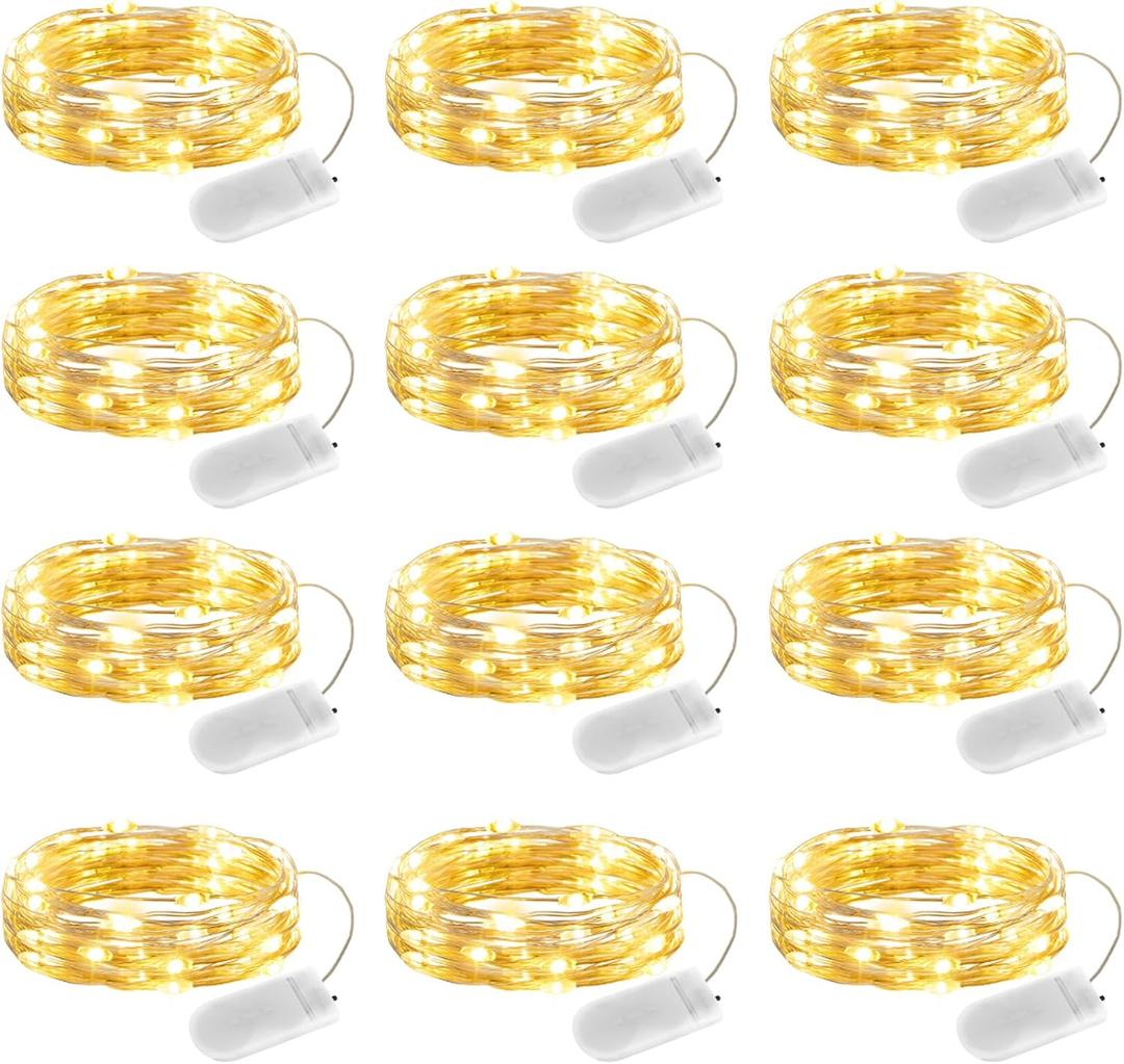 Minetom 12 Pack Fairy Lights Battery Operated String Lights - 7ft 20 LED Waterproof Silver Wire Firefly Light Waterproof for DIY Crafts Wedding Dcor Table Mason Jars Party (Warm White)