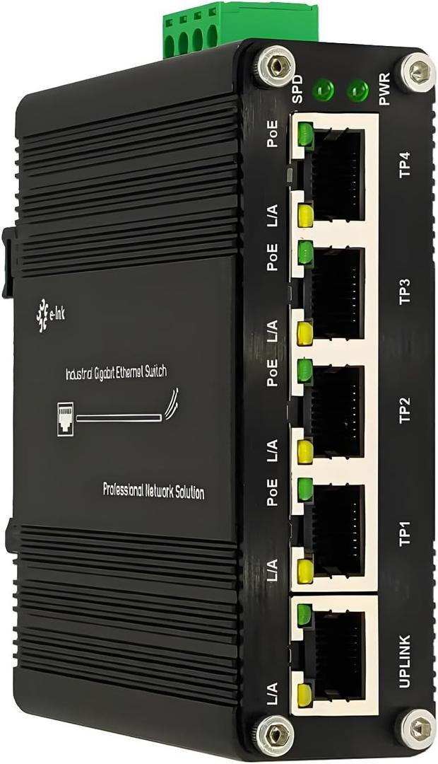 Industrial Passive 24V 5 Ports PoE Switch, 10/100/1000Mbps, Black, DIN Rail Mount, AUTO, 12-24V Input 24V Output