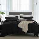 Cooling Duvet Cover Set 3 Pieces-100% Washed Cotton with Chic Wide Trim Design Linen Like Textured Ultra Soft Cozy Bedding with Zipper Closure(Hemmed Solid Black,Oversized King 120"x98")
