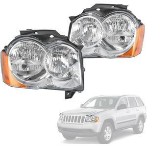 Headlights Assembly Replacement For Jeep Grand Cherokee 2008 2009 2010, Chrome With Amber Reflector