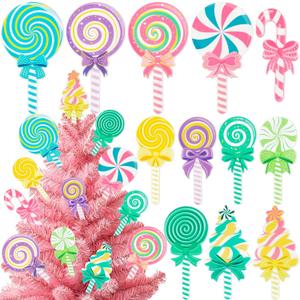 12 PCS Christmas Candyland Decorations Color Felt Candy Cane Peppermint Lollipop Ornaments Xmas Tree Topper Picks Holiday Party Decor Supplies