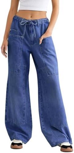 Cicy Bell Womens Wide Leg Jeans Vintage Mid Rise Baggy Boyfriend Belted Denim Pants with Pockets Size 12