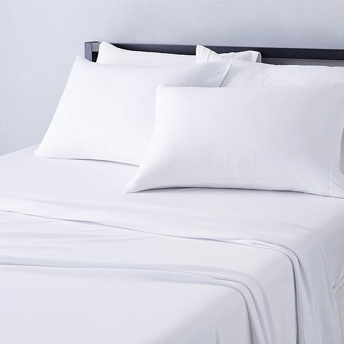 4 Piece Bed Sheet Set, 100% Cotton Jersey, Includes Super Soft, Flat and Fitted Sheets, Pillowcase, King, White, Sol