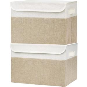 Large 42 Quarts Fabric Storage Bins with Lids [2-Pack] Linen Collapsible Foldable Baskets, Closet Organizer Containers boxes with Handles for Home Office (16.7 x 12 x 12, Beige & White)