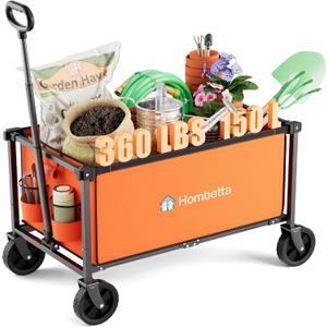 Hombetta Collapsible Wagon Cart with Wheels, 150L Lightweight Foldable Utility Cart, Portable Rolling Wagon for Garden, Shopping, Sports, Camping, Transport, Orange