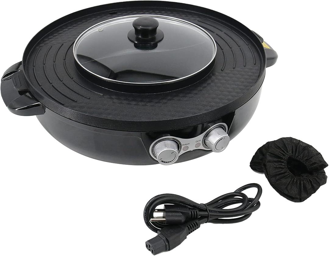 2 in 1 Function Electric Grill With Hot Pot with Divider Non-Stick Coating Separate cleaning for BBQ/Shabu Shabu Hot Pot Indoor and Outdoor