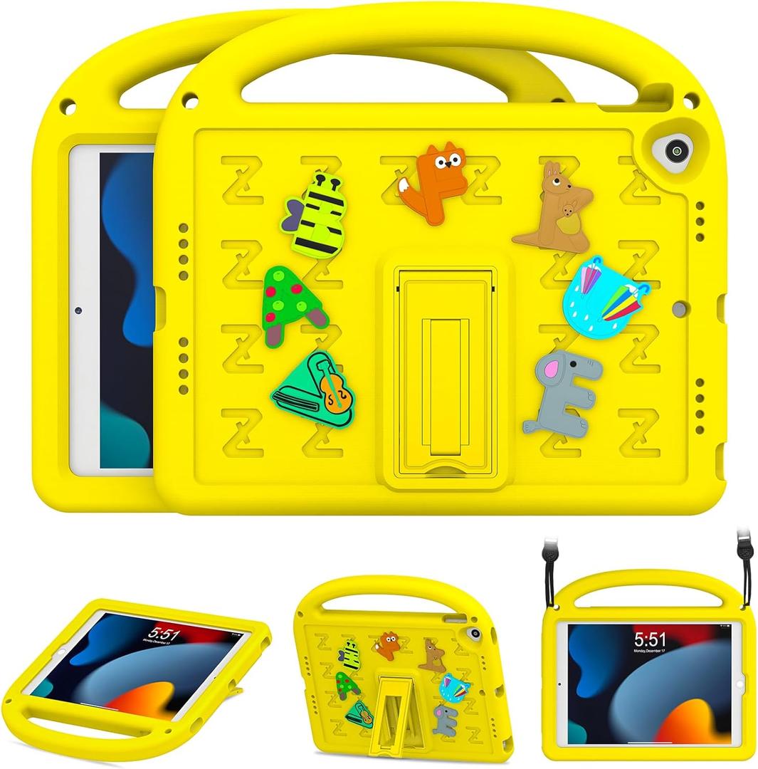 Kids Case for iPad 9th/8th/7th Generation 10.2 Inch 2021/2020/2019, with Built-in Anti-Slip Handle/Foldable Stand/Shoulder Strap, Shockproof Protective Kids iPad 9th/8th/7th Gen Case 10.2 Inch (Yellow)