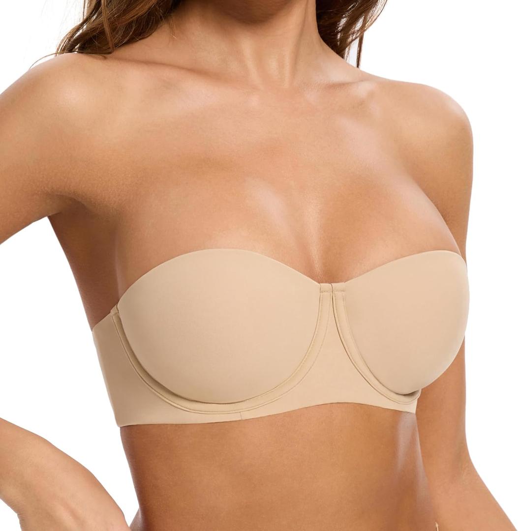 Women's Strapless Bra-Lightly Lined Non Slip Invisible Balconette Underwire Support Multiway Bandeau Bra for Comfort Lift (36C, Nude)
