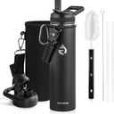 RAYMYLO Insulated Water Bottle 24oz, Triple Wall Vacuum Stainless Steel (Cold for 24Hrs, Hot for 12Hrs), Leak Proof & Non-BPA, 24oz Hydro Water Flask with Paracord Handle & Straw Spout Lids (Magic Black)