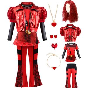 Red Costume for Girls - Rise of Red Costume Heart Shirt Jacket Pants Set with Wig Halloween Party Dress up for Kids (4Years-5Years)