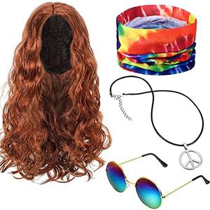 WILLBOND 4 Pieces Hippie Costume Set, Wig Peace Sign Necklace Sunglasses and Tie Dye Headband Pride 60s 70s Accessories(Brown, Wavy Hair) Missing Hair