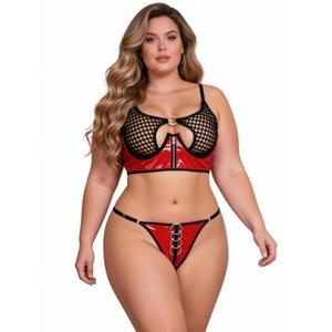 ohyeah 2 Pieces Bra Sets Women Sexy lingerie Faux Leather Bra and Thong Panties Set Underwire Bras Lingerie Set Fits XL (Red)