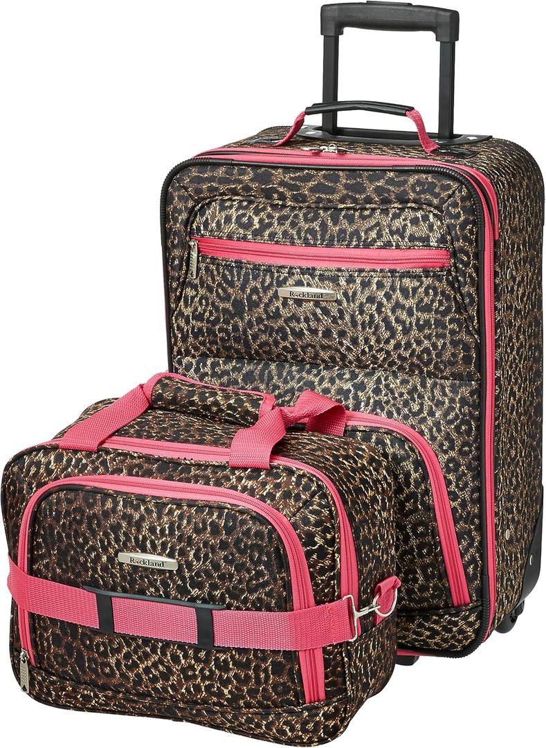 Rockland Fashion Softside Upright Luggage Set, Expandable,Lightweight,Telescopic Handle,Wheel, Pink Leopard, 2-Piece (14/19) (2-Piece Set (14/19))