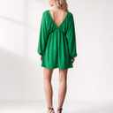 Women's Deep V Neck Puff Sleeve Backless A Line Mini Dress (Green, M)